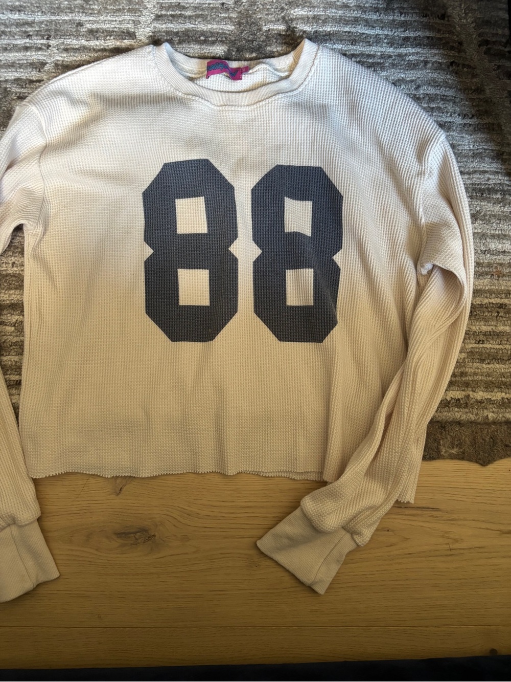 Edikted Waffle Knit Crewneck Sweater with Navy 88 Graphic - Cream